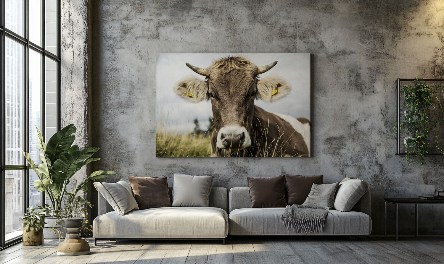 Allgäuer Kuhportrait im Gras – feine Wandkunst für ein stilvolles, naturnahes Interieur