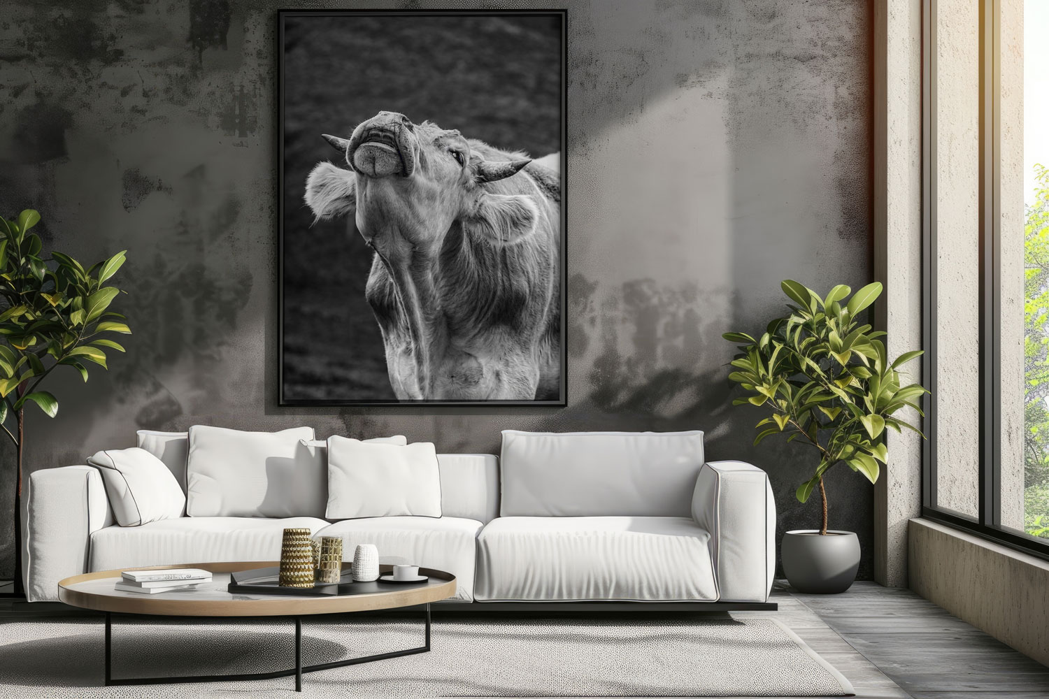 Kuhportrait als Allgäuer Wandbild in Schwarzweiß – modern und naturverbunden